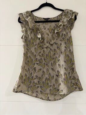 Banana Republic Ruffled Sleeveless Floral-Print Tank Top, Medium Taupe & Yellow